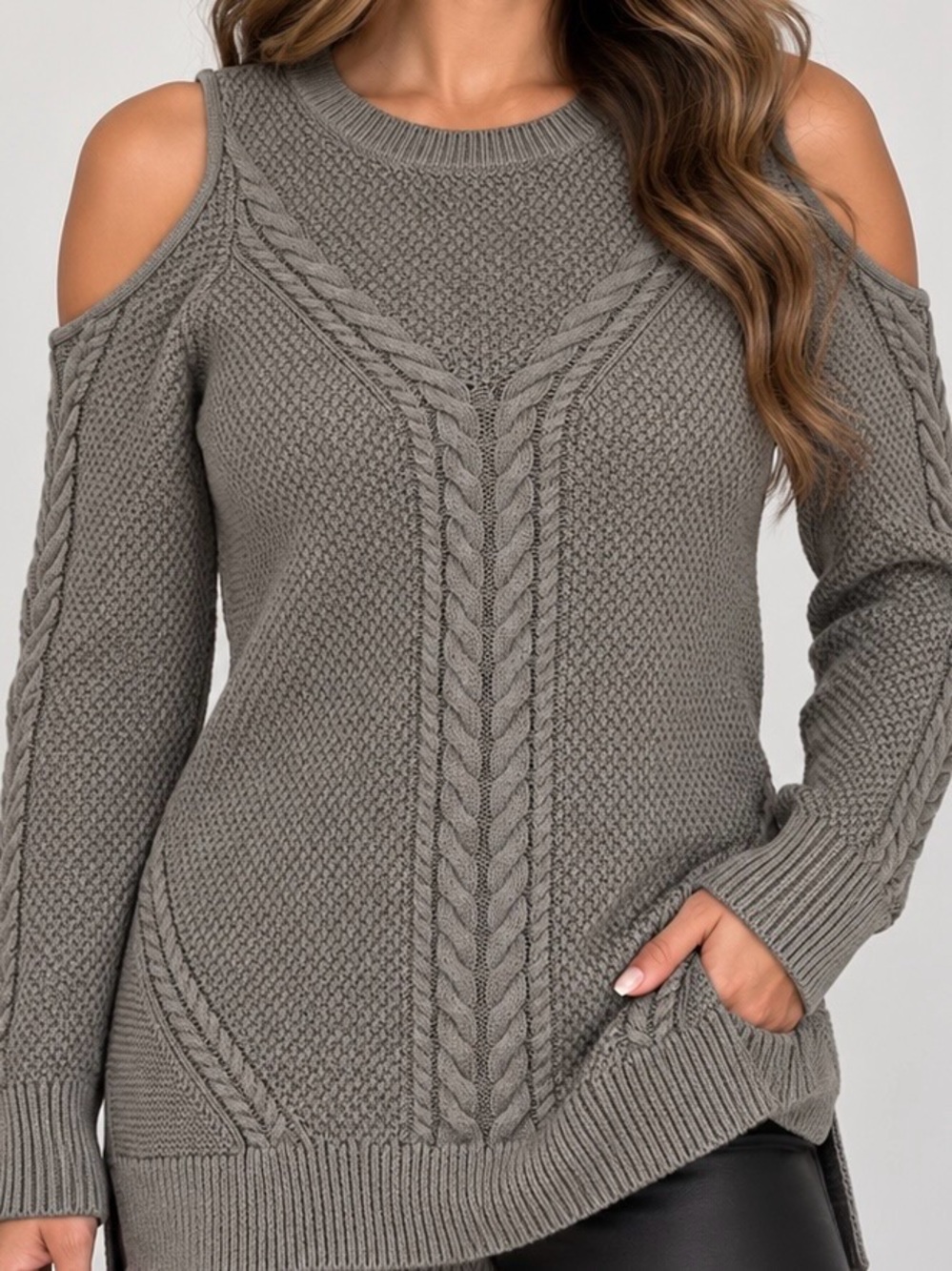 a.n.a Gray Cable Knit Cold Shoulder Sweater Size M